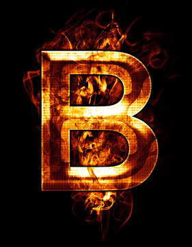 b, illustration of  letter with chrome effects and red fire on b