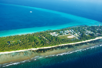 Atolls and islands in Maldives from aerial view