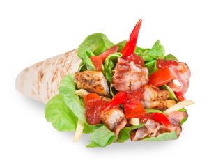 Chicken slices in a Tortilla Wrap over white