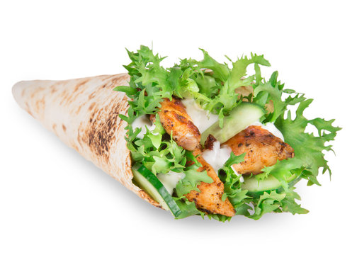 Chicken slices in a Tortilla Wrap over white
