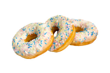 Три пончика в цветной глазури  на белом фоне
