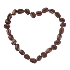 Coffee beans heart isolated on white background close up