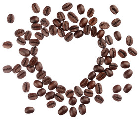 Coffee beans heart isolated on white background close up