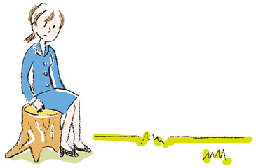 切り株に腰かけるスーツ姿の女性