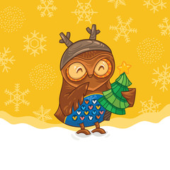 Owl laughs with fir tree. Christmas card.