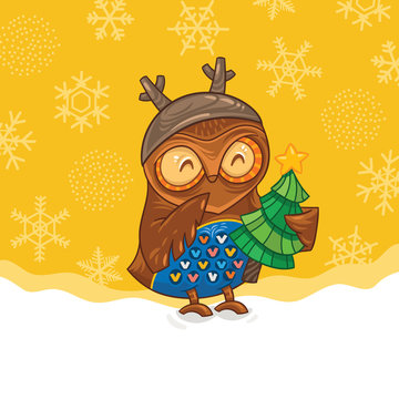 Owl laughs with fir tree. Christmas card.