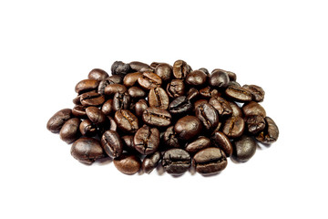 Pile of coffee beans on white background