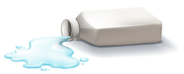 A white medicine bottle with spilled syrup