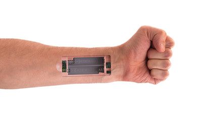 Fototapeta Robot - Insert the battery in the arm obraz