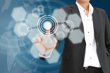 hand of business woman pushing a button on a touch screen interf