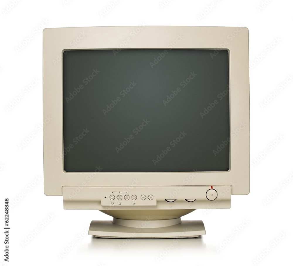Poster close up of old computer monitor isolated on white with path