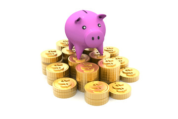 Piggy bank with golden coins..
