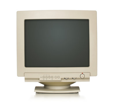 Close up of old computer monitor isolated on white with path