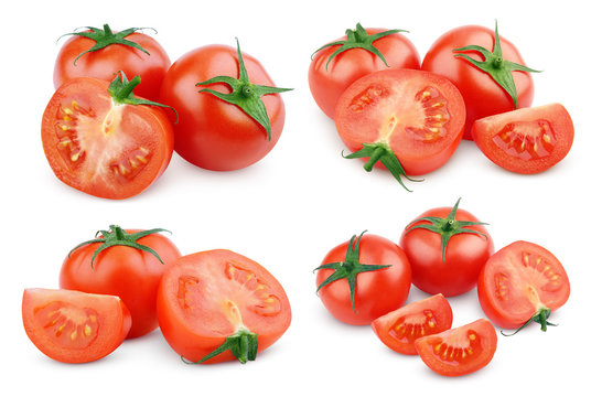 Set of sliced red tomato vegetables on white with clipping path