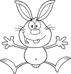 Obraz na płótnie Canvas Black And White Happy Rabbit Cartoon Character Jumping