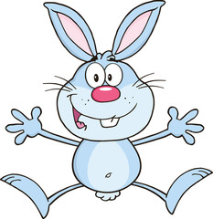 Happy Blue Rabbit Cartoon Character Jumping