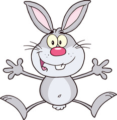 Happy Gray Rabbit Cartoon Character Jumping