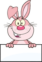 Cute Pink Rabbit Cartoon Mascot Character Over Blank Sign