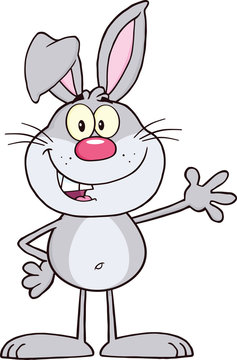 Smiling Gray Rabbit Cartoon Character Waving For Greeting