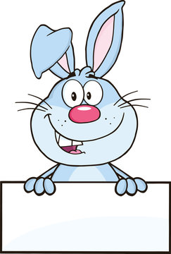 Cute Blue Rabbit Cartoon Mascot Character Over Blank Sign