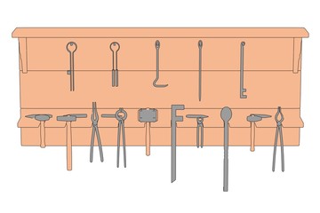 cartoon image of blacksmith shelf with tools
