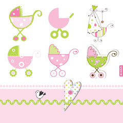 Pink buggy, stroller, Baby girl design elements