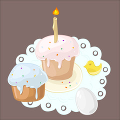 The composition of Easter cakes, chicken, eggs and napkin