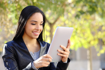Fototapeta premium Happy woman reading a tablet reader in a park