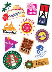World country travel landmark icon sticker set