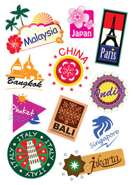 World Country Travel Landmark Icon Sticker Set