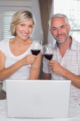 Happy mature couple toasting wine glasses at home