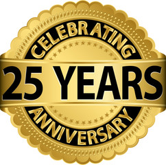 Celebrating 25 years anniversary golden label with ribbon, vecto