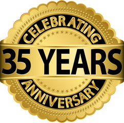 Celebrating 35 years anniversary golden label with ribbon, vecto