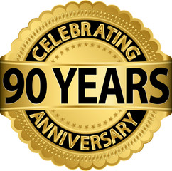 Celebrating 90 years anniversary golden label with ribbon, vecto
