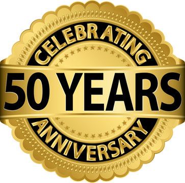 Celebrating 50 years anniversary golden label with ribbon, vecto