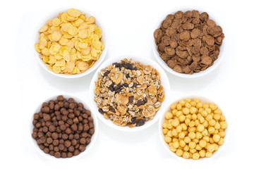 assortment dry cereal for breakfast, isolated