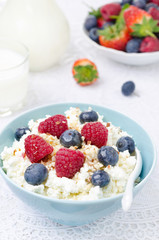 bowl of cottage cheese with berries, honey and nuts, fresh berry