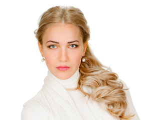 portrait of young woman on white background