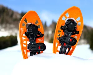Poster Orange snowshoes for walking on the white snow and blue sky © ChiccoDodiFC