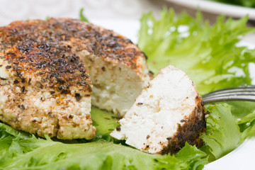 spicy baked homemade cheese and fresh salad, close-up