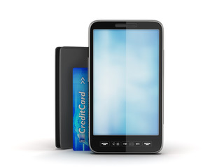 Mobile phone, black wallet and credit card
