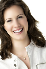 Brunette woman with white leather jacket