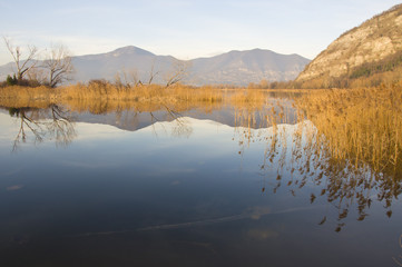 View of Torbiere of Sebino in Iseo lake in Italy