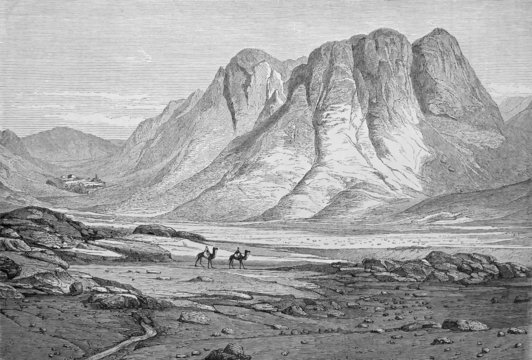 Massif du Sina&iuml;, couvent ste Catherine, gravure par Pottin 1864