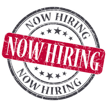 Now Hiring red grunge round stamp on white background