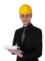 Man with Hard Hat Holding Clipboard
