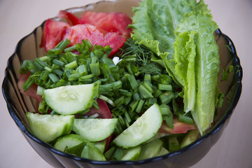 Salad of tomatoes and cucumbers with herbs