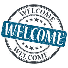Welcome blue grunge round stamp on white background