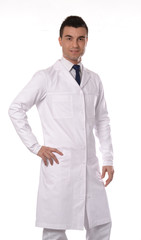 Retrato de un doctor cirujano en fondo blanco.