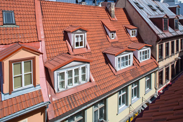Buildings and tile roofs in old Riga, Latvia.